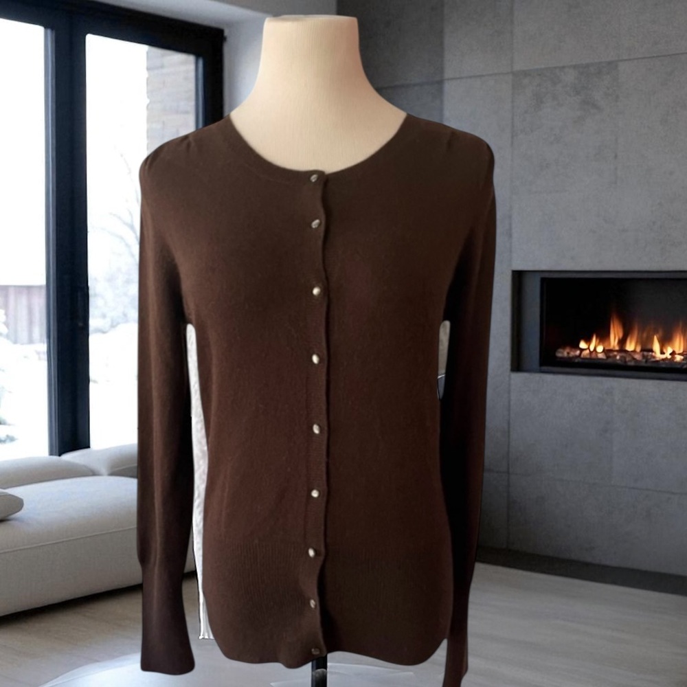 SAKS FIFTH AVENUE 100% CASHMERE BROWN BUTTON FRONT CARDIGAN SIZE LARGE